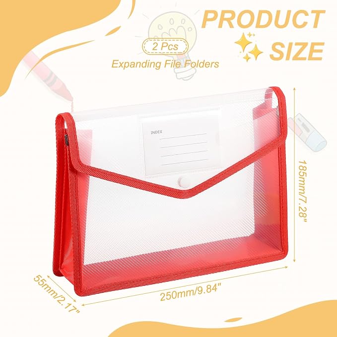 PATIKIL Plastic Expanding File Folders, 2 Pack B5 File Folder Envelopes Letter Size Document Organizer Supplies with Snap Closure for Classroom Office, Red, Horizontal
