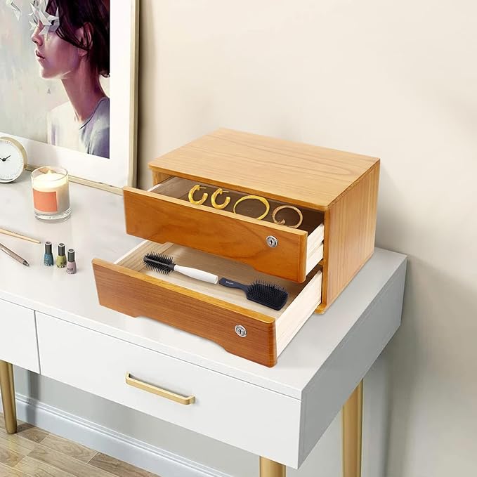 Desktop Storage Organizer Countertop Storage Cabinet with Lockable Drawers Wooden Desk Organizer for Office Supplies File Jewelry Accessories (2 Tiers)