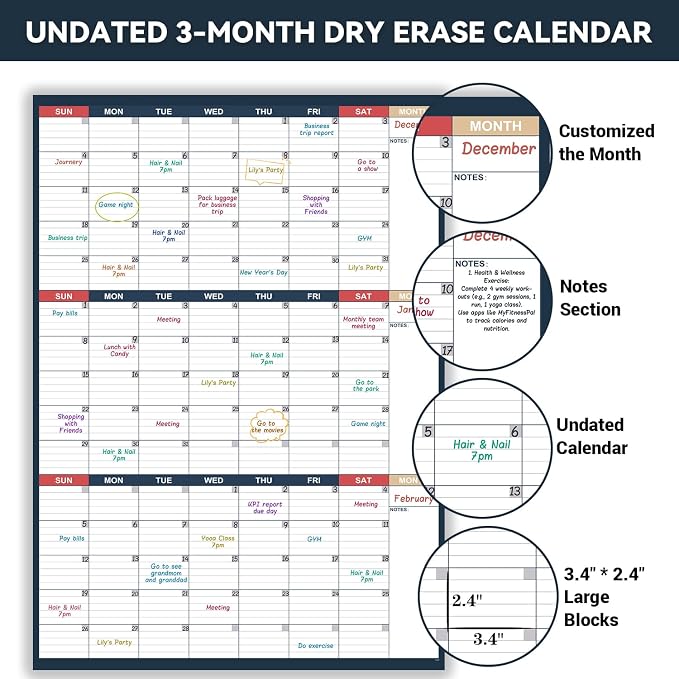 Dry Erase Calendar for Wall - Undated 3 Month Wall Calendar, 28" x 40"(Vertical), Large Wall Calendar Dry Erase for Office, Home, School