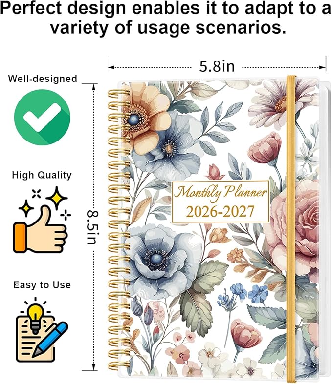 Monthly Planner 2026-2027 - Monthly Calendar from May 2026 to December 2027, 2026-2027 Planner with Inner Pocket, Elastic Band, 5.8" x 8.5", Colorful Large Flower