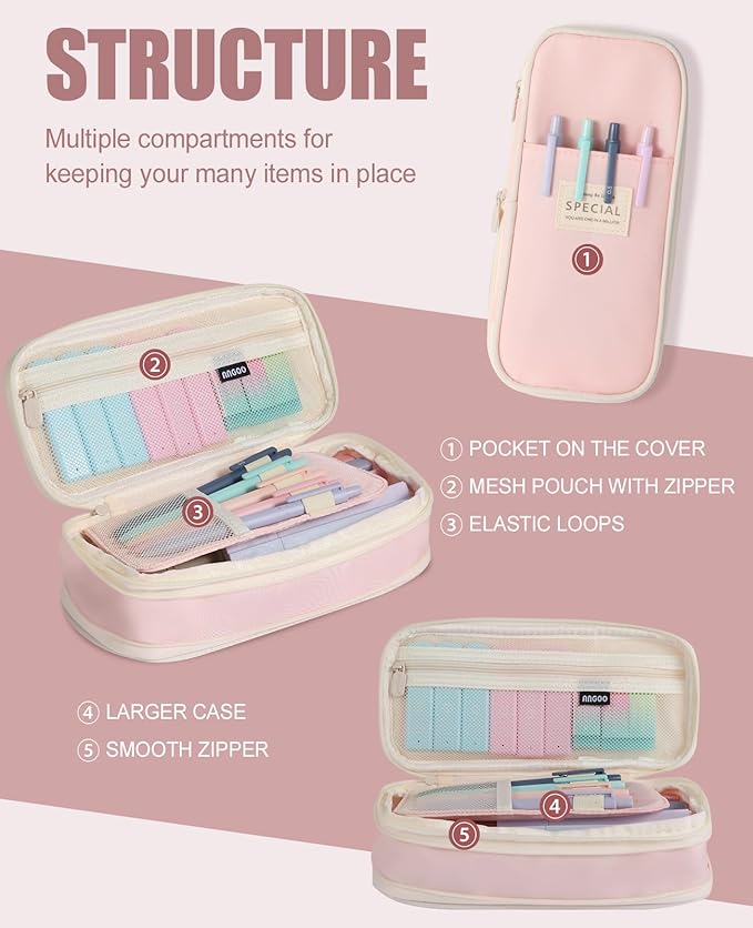 39PCS Aesthetic School Supplies with Cute Pencil Case, 5X Ballpoint Pens with Stylus Tip, 12X Pastel Highlighters, 6X Mechanical Pencil Set 0.5 & 0.7mm, Suit for Preppy School College Essentials(pink)