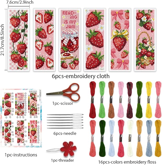 BEUNITONE 6PCS Cross Stitch Bookmarks Kit for Adults Beginners,Strawberry Book Mark DIY Stamped Embroidery Bookmark Kits with Backing Felt Floss,8.5''x3'' Page Markers for Students Teachers Reading