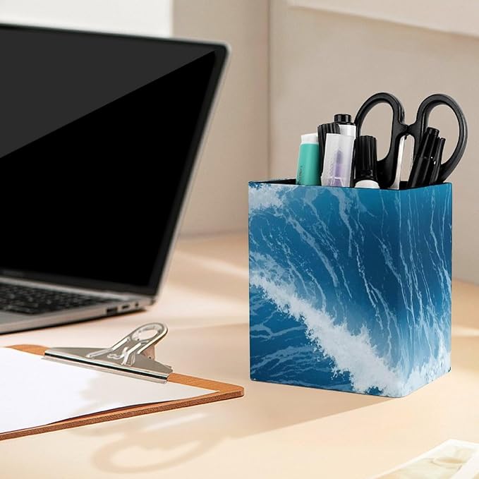 Pen Holder Square Leather Pencil, Holder Cup Makeup Brush Storage Organizer, Waterproof Multifunctional Office Supplies Blue Ocean Sea Wave