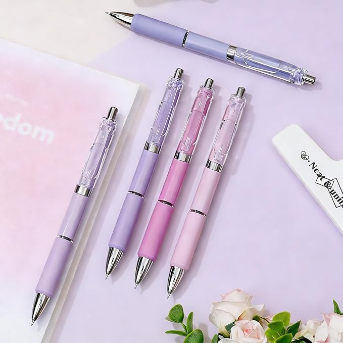 Temiary 5 Pcs Retractable Gel Pens, 0.5 mm Black Ink Fine Point Quick Dry Gel Ink Pen, Aesthetic Smooth Writing for School Office Journaling Note Taking and Sketching (Purple)