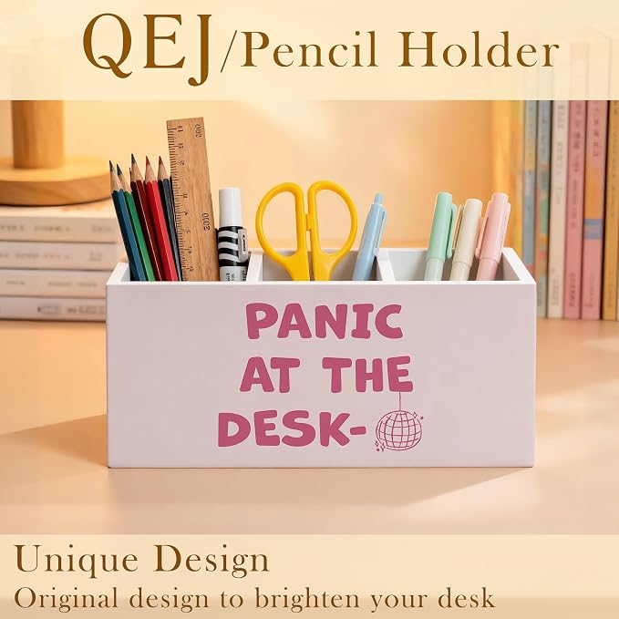 Funny Pink Office Pen Holder for Desk, Preppy Room Decor, Funky Y2K Disco Ball Aesthetic Panic at the Desk Wooden Box Pencil Pen Organizer for Home Office Desk Tabletop