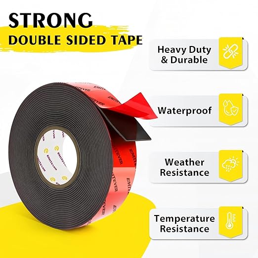 EMITEVER Heavy Duty Double Sided Tape 2 Rolls, 1 Inch x 16.4FT Acrylic Foam Mounting Tape, Two Sided Adhesive Tape, Waterproof & Strong Double Stick Tape for Walls, Automotive, Home Office Decor