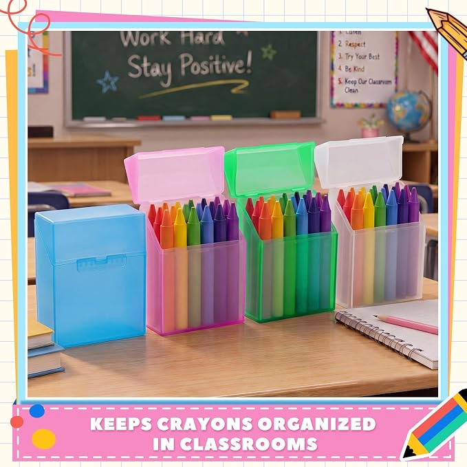 Clabby 24 Pcs Plastic Crayon Organizer Case for 24 Count Crayons Kids Art Supply Storage Box with Lid, Portable Holder for Classroom Home Travel, Fits Standard 24-Pack Crayon (Pink,Blue,Green,Clear)