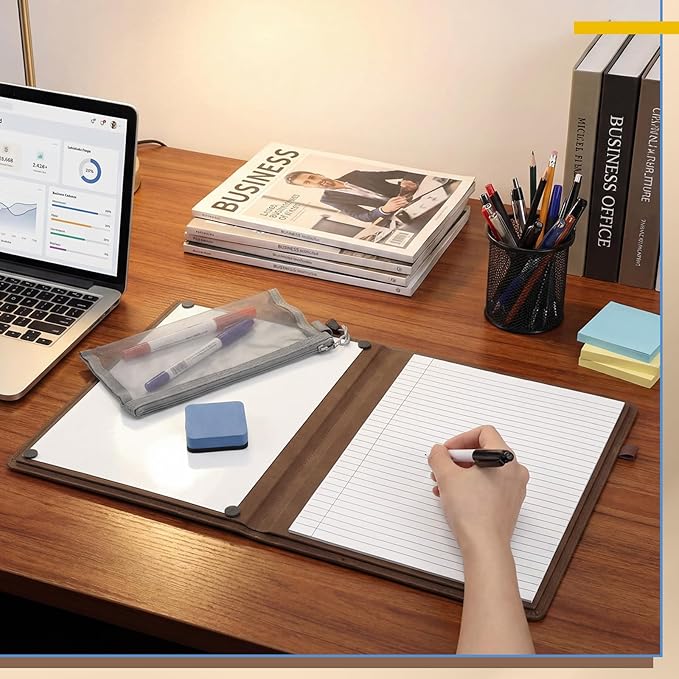 Feifeiya 6 Sides Dry Erase Notebook Portable Whiteboards Notebook Small Reusable College Ruled Lined Board Folding Mini Travel Dry Erase White Board for Office Study (Brown,A4: 9 x 12 Inches)