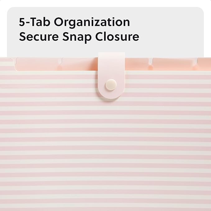 U Brands Poly 6 Pocket Expandable Folder with Tabs, Preppy Pink Stripes, 1 Count, Letter Size, 1/5-cut tabs and 14 Blank Adhesive Labels