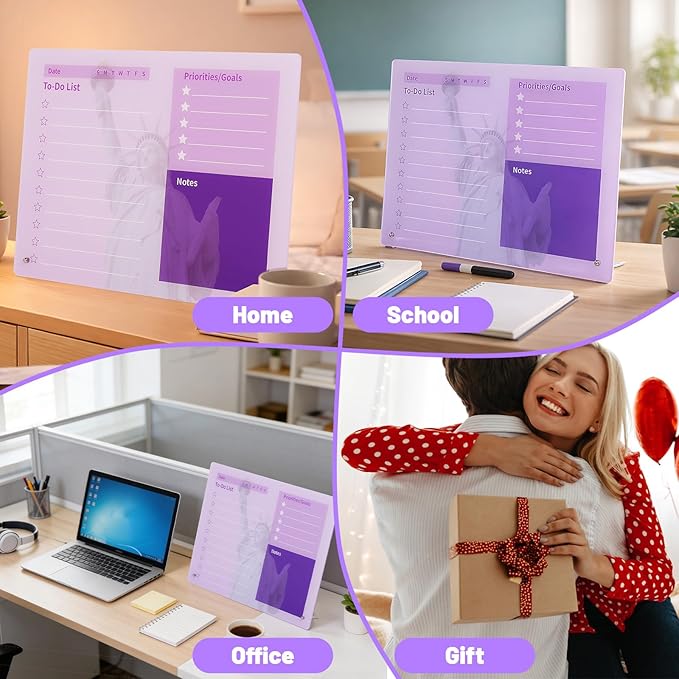 LeMotech Desktop Acrylic Dry Erase Board, 15.7x11.8 inches to-Do List Planner, Tabletop Whiteboard with Stand Office Supplies Includes 2 Markers & 1 Eraser, Purple Statue of Liberty Pattern, 1 Pack