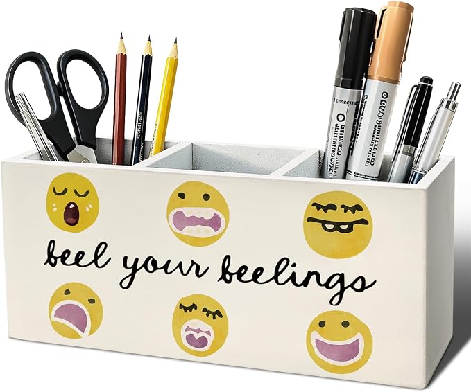 Mental Health Pen Pencil Holder, Emotions Feelings Classroom Wood Desk Organizer and Accessories, Keep You Feelings Pen Holder Desk Organizer for Therapy Counselor Office Classroom Tabletop