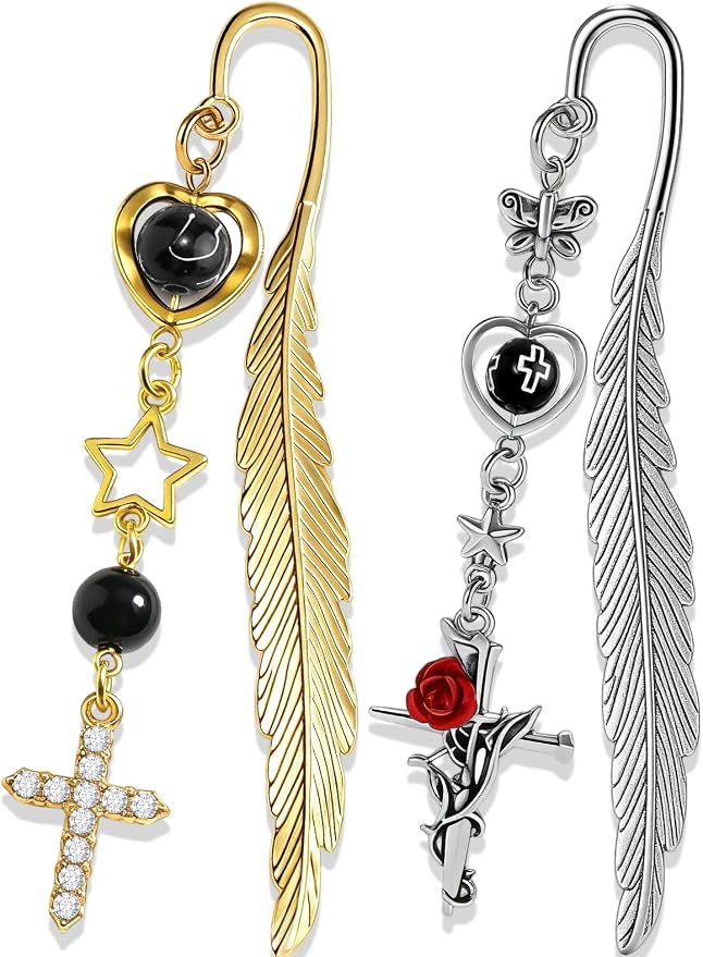 Buleens 2 Pack Bookmarks for Women Reading - Book Marks for Readers Book Lovers, Goth Sliver Cross Personalized Metal Bookmark with Pendants, Pretty and Aesthetic Book Accessories Reading Gifts