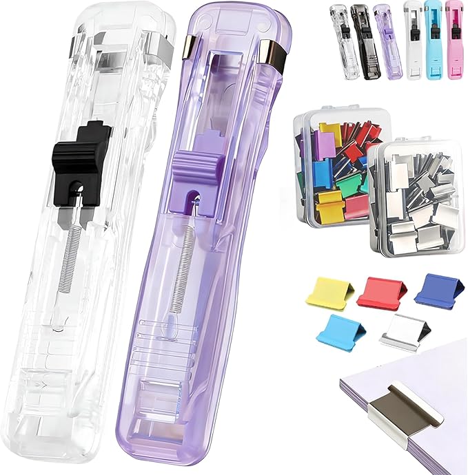 Portable Binder Clip Stapler - Includes 100 Reusable Clips, No Staples, No Holes,Push Clip Paper Clam Dispenser, Reusable Desktop Stapler for Document Home School (2-E)