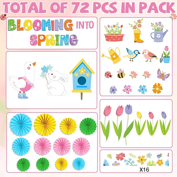 Spring Bulletin Board Decorations Set with 3D Paper Fans Blooming Into Spring for Colorful Tulip Flowers Butterfly Bee Bird Cutouts for Classroom Party School Home Office Chalkboard Wall Door Decor