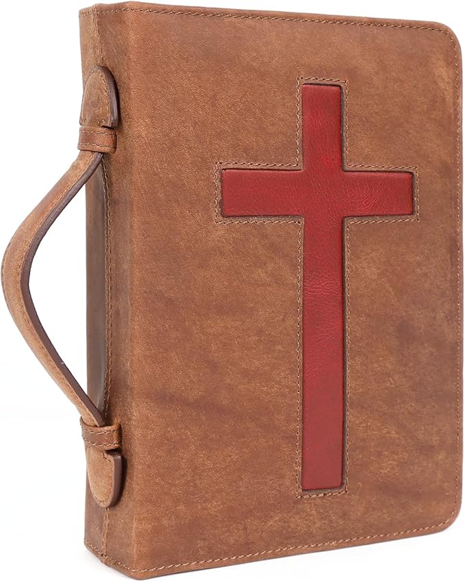 ELIZO Leather Bible Cover Bible Case for Men Women Genuine Leather Bible Bag Holder Cross Large Carrying with Zipper Case Protector Christian Religious Gifts for Mens Pioneer (Saddle Red/Small)