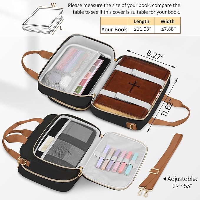 FINPAC Large Bible Cover Case for Women, Bible Study Supplies Journaling Kit with Shoulder Strap, Christian Gifts Church Bag, Black