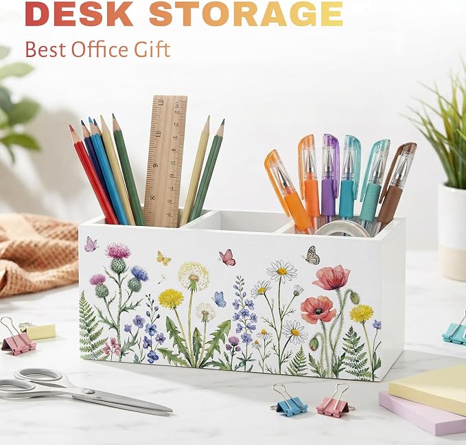 Wildflower Pen Pencil Holder for Office Desk Spring Wildflower Office Decor Wooden Floral Organizer Desktop Decor Gift for Girls Spring Makeup Brush Toothbrush Holder for Bathroom Desk Accessories