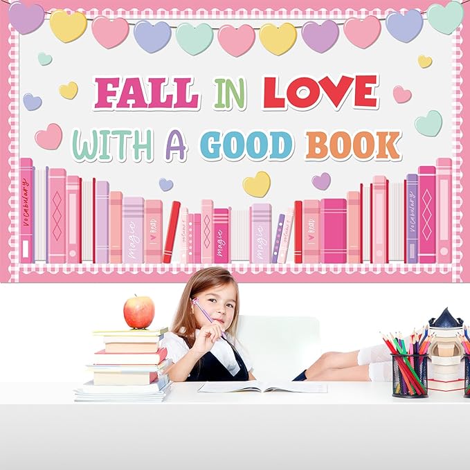 Valentine's Day Reading Bulletin Board Set Candy Heart Classroom Decorations Fall in Love with A Good Book Paper Cutouts for Valentines School Party Nursery Chalkboard Home Office Wall Door Decor