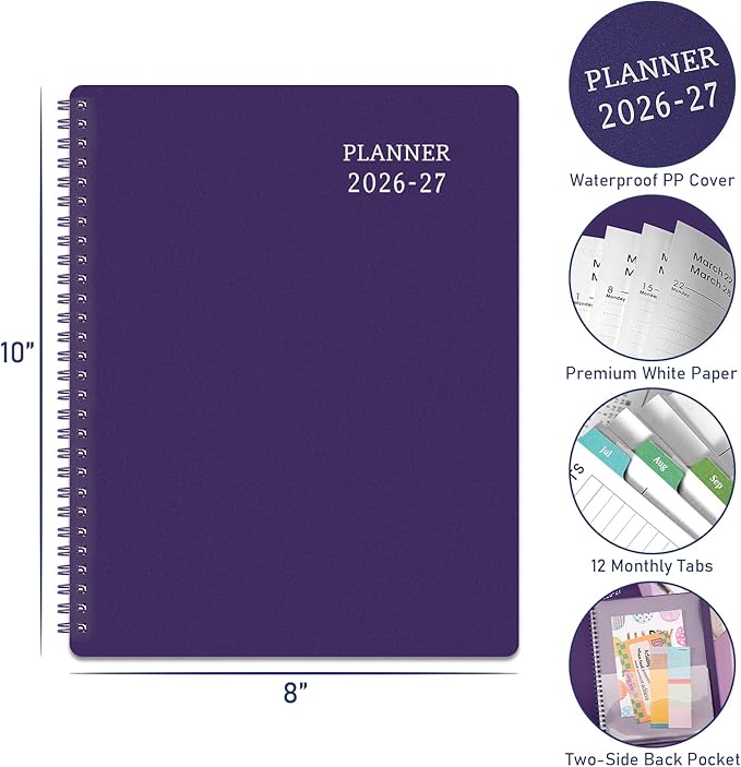 Planner 2026-2027 - Academic Planner from July 2026 - June 2027, 8" x 10", Calendar Planner 2026-2027, Weekly and Monthly Planner Spiral Bound, Flexible Cover, To-Do List, 12 Monthly Tabs