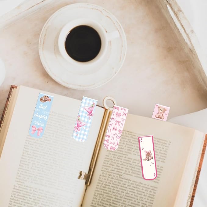 Pink Bow Magnetic Bookmarks Gifts: 30 Pcs Cute Girly Magnet Bookmark Clips with Bear Cherry Reading Quotes, Pretty Book Marks for Women Girls, Gift for Readers Book Lovers School Office Supplies