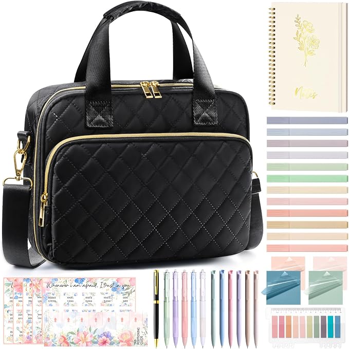 Bible Cover Case for Women, Large Bible Bag Bible Study Supplies Accessories Journaling Kit with Highlighters Tabs, Quilted Book Carrying Cases with Shoulder Strap, Christian Easter Gifts for Women