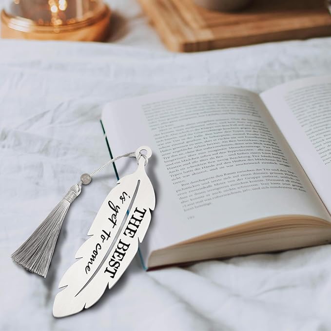 The Best is Yet to Come, Motivational Bookmark Gifts for Women, Graduation Retirement Birthday Christmas Farewell Gift for Readers Students Teachers, Feather Metal Bookmark with Tassel VBK222