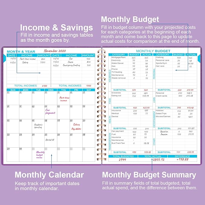 Budget Planner - 8" x 9.5" Monthly Budget Book with Expense Tracker Notebook, 2026 Budgeting Book and Financial Planner to Control Your Money. Large Size, PU Leather, Purple