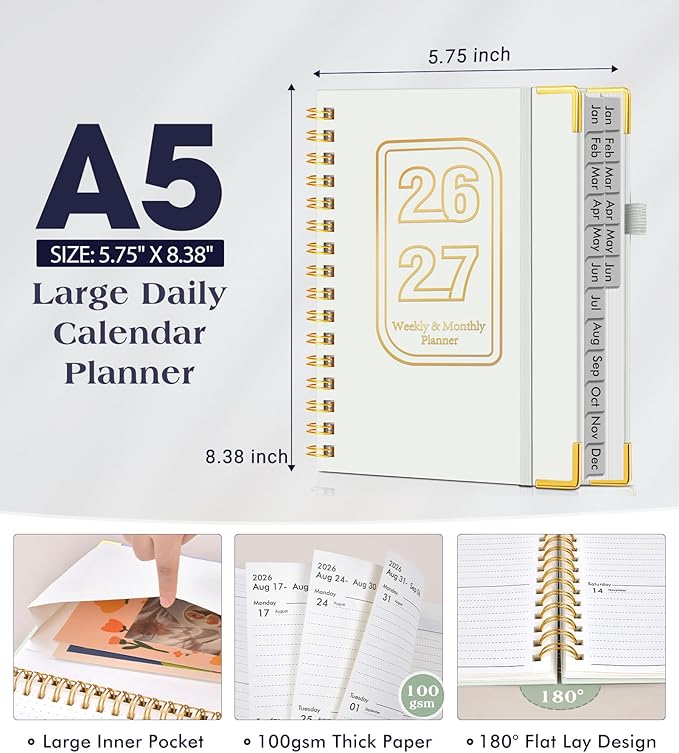 Planner 2026-2027, 18 Months Weekly and Monthly Hardcover Planner, January 2026 - June 2027, 5.75" x 8.38" A5 Daily Calendar Planner Book with Tabs, Spiral Yearly Agenda Organizer Notebook for School Work Home, White