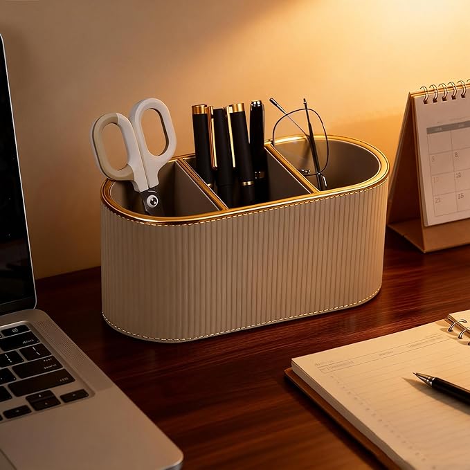 PU Leather Pen Holder with Compartments for Office White Pen Holder for Desk Decoration Multifunctional Pencil Organizer for Office Teacher Classroom Cosmetics Gifts Accessories Favor (Beige 1)