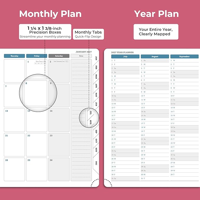 Weekly Monthly 2026-2027 Planner (July 26-Dec 27),8.5"x6.5",18 Months Agenda Plan with Month Tabs & Pocket,Expenses/Note Pages, Academic Calendar with Vegan Leather Cover,Rose Red