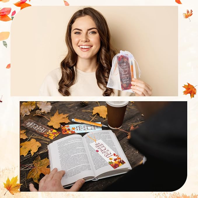 Dispowreath 24 Pcs/ 12 Sets Christian Thanksgiving Gifts Bulk, Include 12 Give Thanks Pen 12 Psalm 136: 1 Fall Religious Bible Verse Bookmarks Church Autumn Exchange Gifts for Party Favors