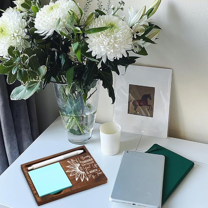 Wooden Sticky Note Holder for Caregivers, Inspirational Gift with Sunflower Design, Office Desk Decor, 16.5 x 12 x 1.5 cm,LQQ25