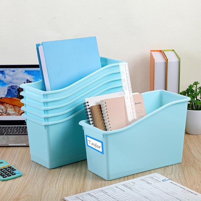 Jinei 24 Pack Waterspout Color Book Bins for Classroom Bulk Binder Holders with Name Labels Plastic Organization Book Baskets Teacher Storage Boxes for Classroom Home Office