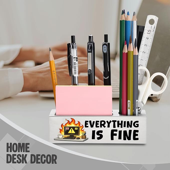 FOKCBOCM Funny Office Pen Holder with Everything Is Fine Quote, Stainless Steel Desk Organizer for Work Stress Humor, Sarcastic Workspace Decor Gift for Coworker-DS130
