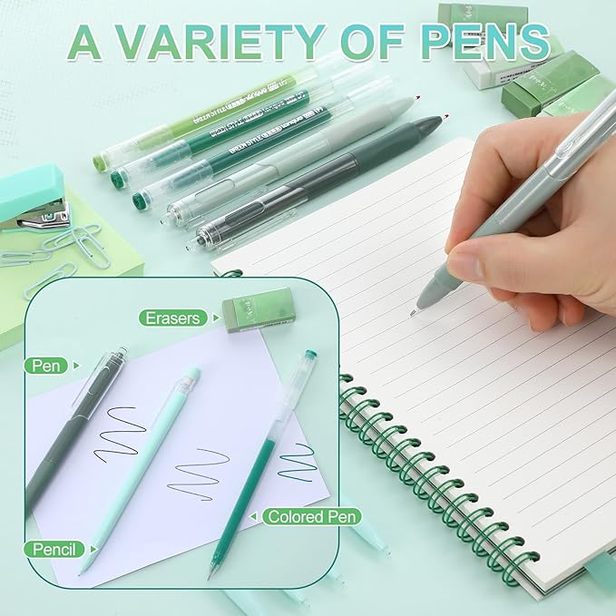 Eersida 74 Pcs Aesthetic School Supplies with Large Pencil Pouch 5 Ink Gel Pens 12 Highlighters 6 Mechanical Pencils 0.5mm 9 Color Pens 4 Note Pads Set for Student Stationary (Green,Nature Style)