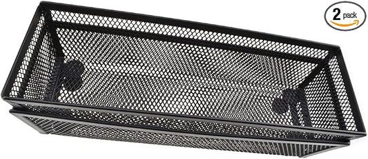 HAHIYO Stackable Mesh Tray Cup 9 x 3 x 2 inches Sturdy Container for Desk Drawer Organizer Collection for Home Office School kitchen Soft Foam Feet No Sharp Edges 2 Pack Black