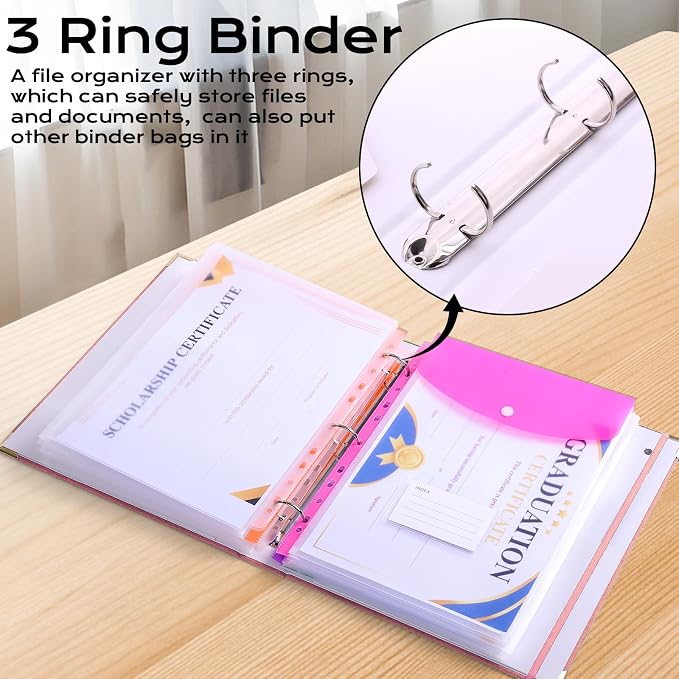 XKDOUS Aesthetic Document Organizer 3 Ring Emergency Binder Linen Folio Folders with 9 Pockets Expanding File Storage Holder for Important Papers, Letters, Passports, Photos