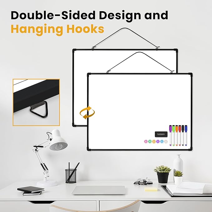 Dry Erase Board for Wall, 24" x 18" Double-Sided Hanging White Board with 6 Markers, 6 Magnets and 3 Mini Sticky Notes, Portable Whiteboard for Home, Office, School, Black Frame