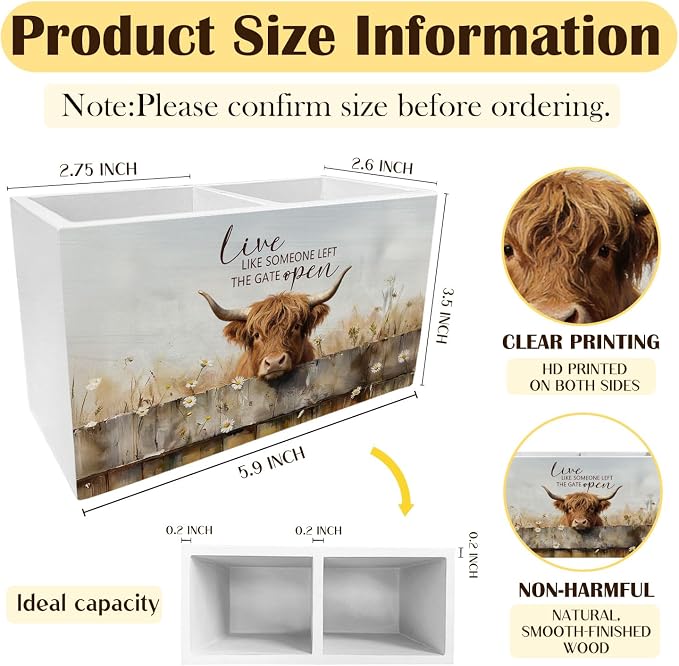Rustic Daisy Highland Cow Pen Holder for Desk, Highland Cow Gifts Pencil Organizer, Live Like Someone Left the Gate Open Wooden Box Sign Desk Decor for Home Office Decoration
