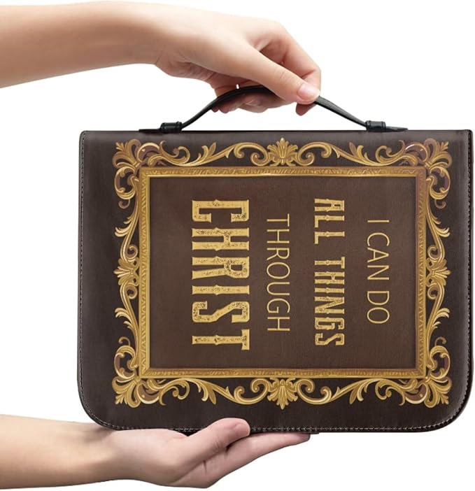 Retro Religious Style Cross Bible Case with Bookmark Waterproof Bible Cover Case for Women Lightweight Bible Bag with Handle Pockets Church Book Bag Brown