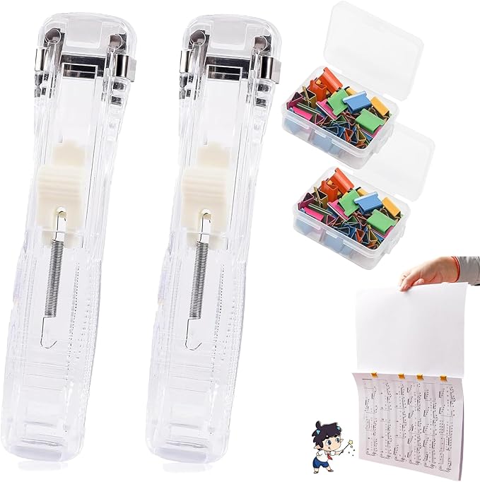 2pake Portable Binder Clip Stapler, Includes 100 Reusable Clips, Handheld Paper Clam Clip Dispenser for Home, School, Desk Office (White)