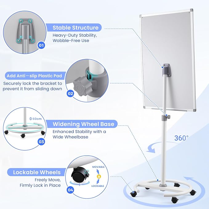 MAKELLO Rolling Whiteboard, Height Adjustable Dry Erase Board on Wheels, Mobile White Board for Office School Classroom Home Restaurant, Aluminum Frame, 40x26 in