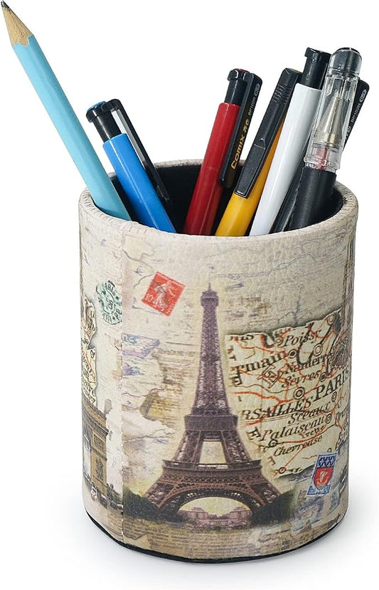 DreamsEden Vintage Pen Pencil Holder Cup Retro Desk Organizer for Home Office Living Room (Beige Paris Eiffel Tower Round)