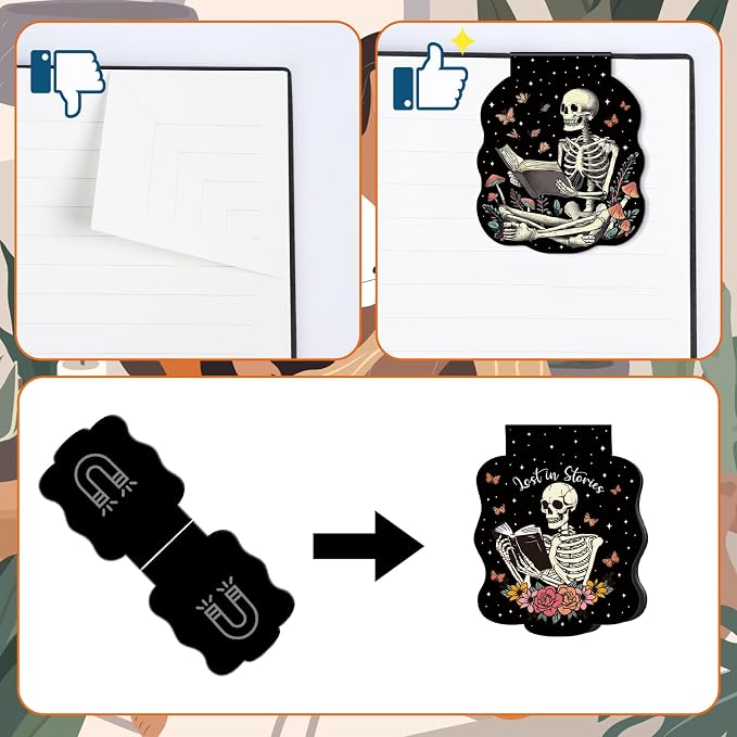 Wxiben Gothic Skeleton Bookmark Magnetic - 8 Pcs Skeleton Reading Bookmarks Magnetic Flower Skull Book Lover Book Marks Page Magnets Marker Clip Gifts for Women Men Students Teacher Reader Bookish