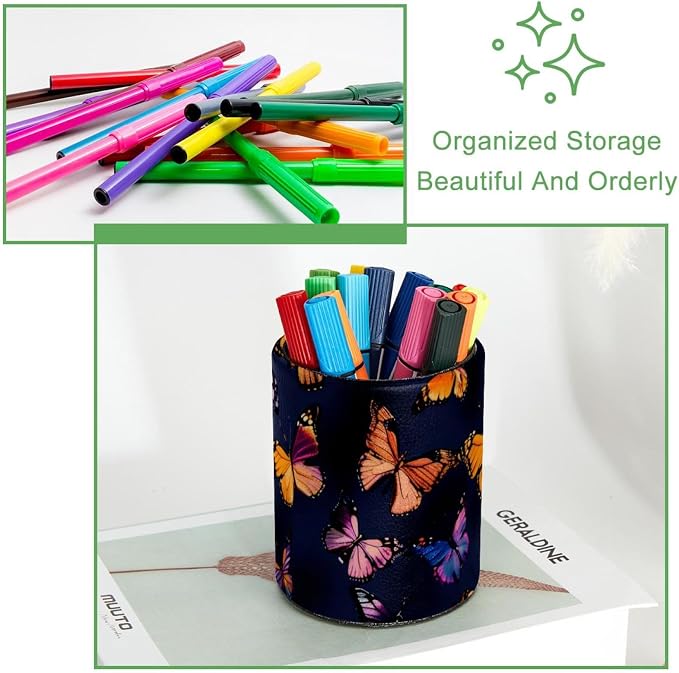 Pen Holder for Desk, Seamless Butterflies Aesthetic Pattern Leather Round Pencil Cup Stationery Supplies Holder, Large Capacity Makeup Brush Holder for Home, Office