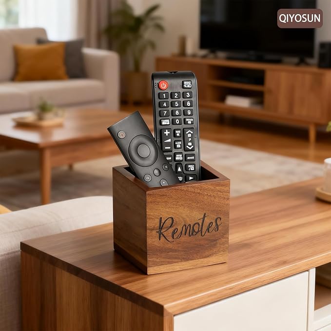 Remote Control Holder, Farmhouse Wood TV Organizer for Table, Wooden Remote Control Organizer, Remote Storage Caddy, Remote Control Organizer (Brown, 3.5 Inch Labeled Remote)