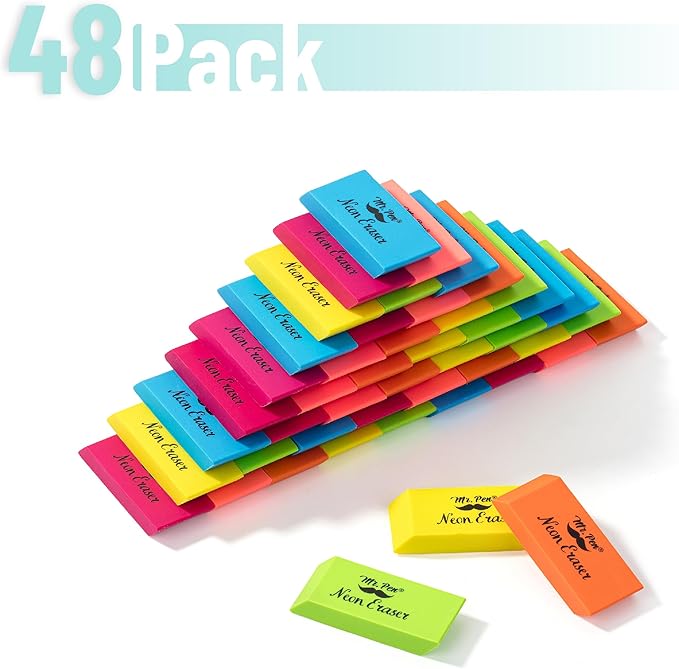 Mr. Pen- Pencil Eraser, 48 Pack, Neon Colors, Large Latex Free Block Erasers Bulk for School, Office, Art Sketching, Homework, Exams, Clean Smudge-Free Correction