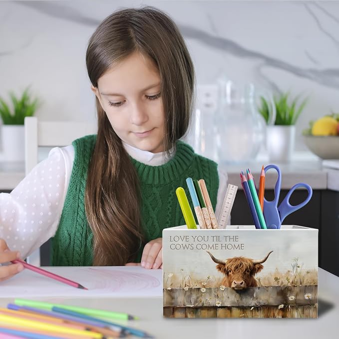 Farmhouse Highland Cow Pen Holder for Desk, Highland Cow Lover Gifts Pencil Organizer, Love You Til the Cows Come Home Wooden Box Sign Desk Decor for Home Office Decoration