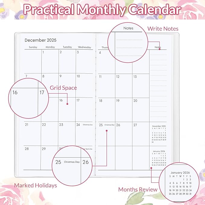Pocket Calendar 2025-2026, Purse Monthly Planner 2025-2026 - 6.7" x 3.7" - Runs from Janury 2025 Until December 2026, Pocket Planner 2025-2026 with PVC Cover for Planning, Organizing and Office