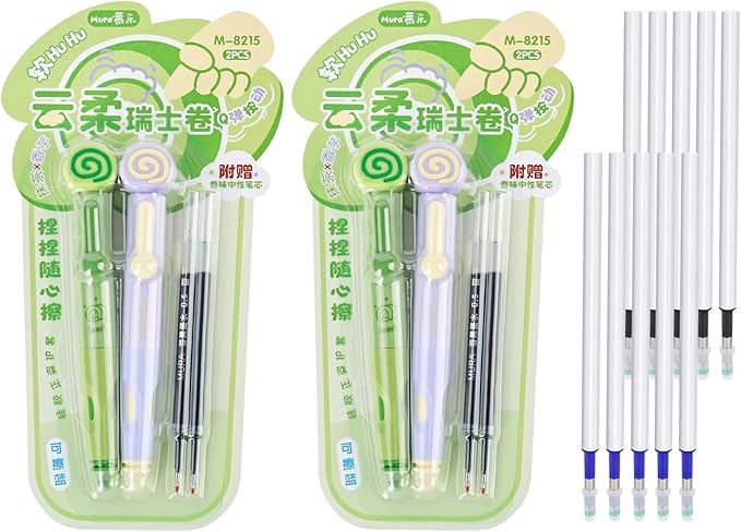 Temiary 4 Pcs Cute Retractable Erasable Gel Pens, 0.5 mm Fine Point Blue Ink Pen with 12 Pcs Refills, Make Mistakes Disappear, Writing and Crossword Puzzles for School Office Supplies (Green & Purple)